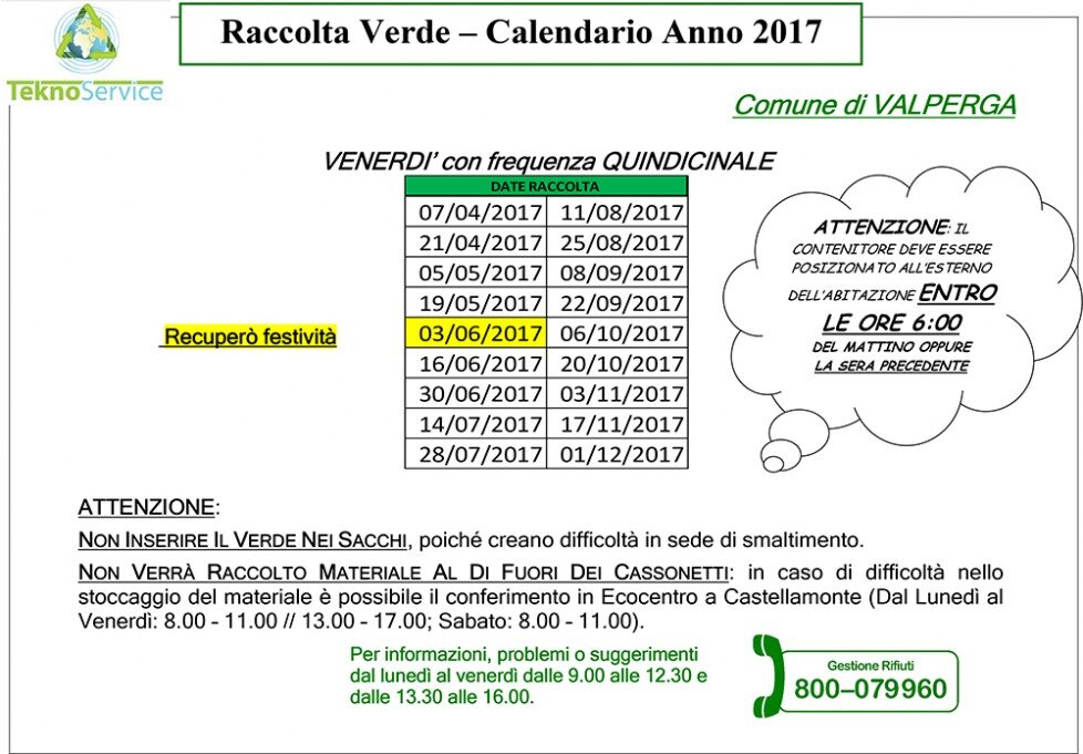 STAMPA CALENDARIO 2019 RACCOLTA VERDE COMUNE DI VALPERGA