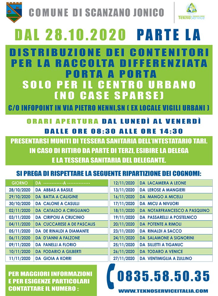 Lista dei cognomi per la distribuzione contenitori raccolta differenziata porta a orta vie centro urbano Scanzano Jonico