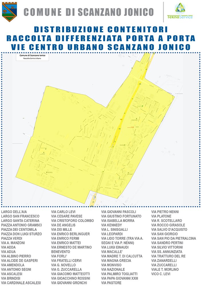 Distribuzione contenitori raccolta differenziata porta a orta vie centro urbano Scanzano Jonico