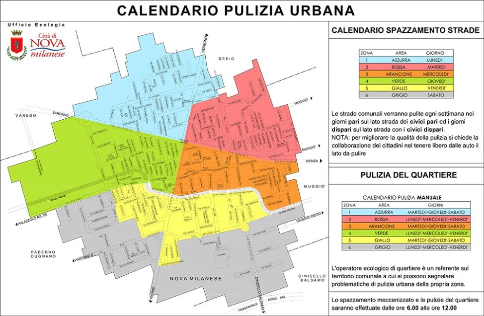 Calendario pulizia urbana comune di Nova Milanese